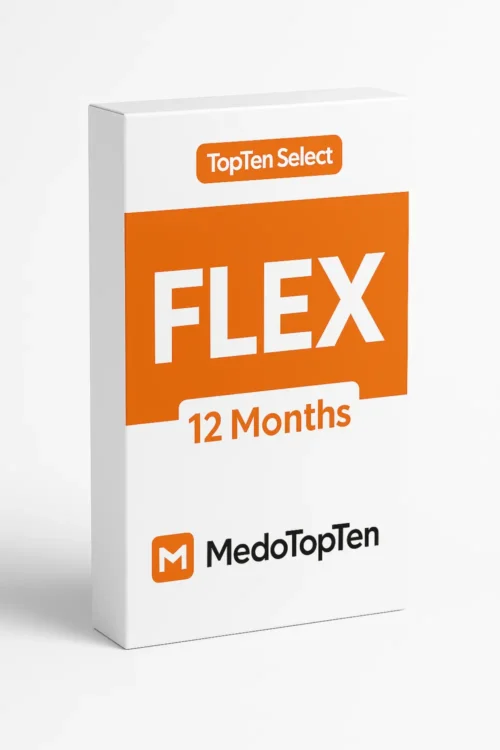 عبوة اشتراك TopTen Select FLEX لمدة 12 شهر بتصميم احترافي أزرق وأبيض وشعار MedoTopTen الرسمي
