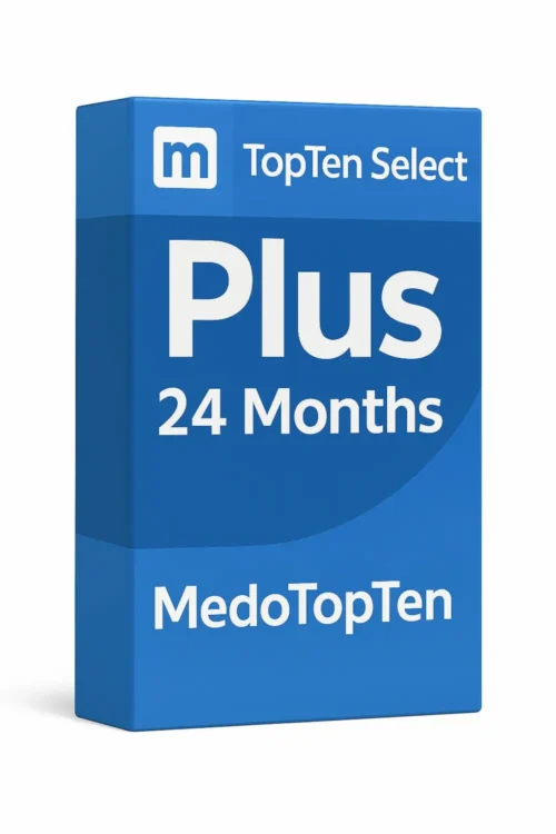 عبوة اشتراك TopTen Select – Plus لمدة 24 شهر بتصميم 3D أنيق وألوان زرقاء متدرجة، تشمل شعار MedoTopTen وخطة تفعيل أصلية طويلة المدى.TopTen Select Plus 24 Months