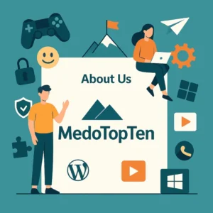 Flat-style illustration showing digital products and services offered by MedoTopTen, including software activation, smart apps, and subscription plans.